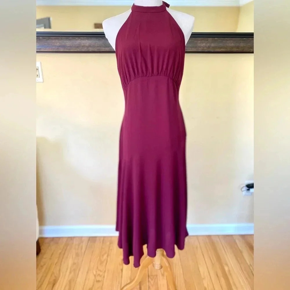 Donna Morgan Catalina Crepe Halter Maxi Dress Asymmetrical Hem Size 8 - Picture 3 of 10